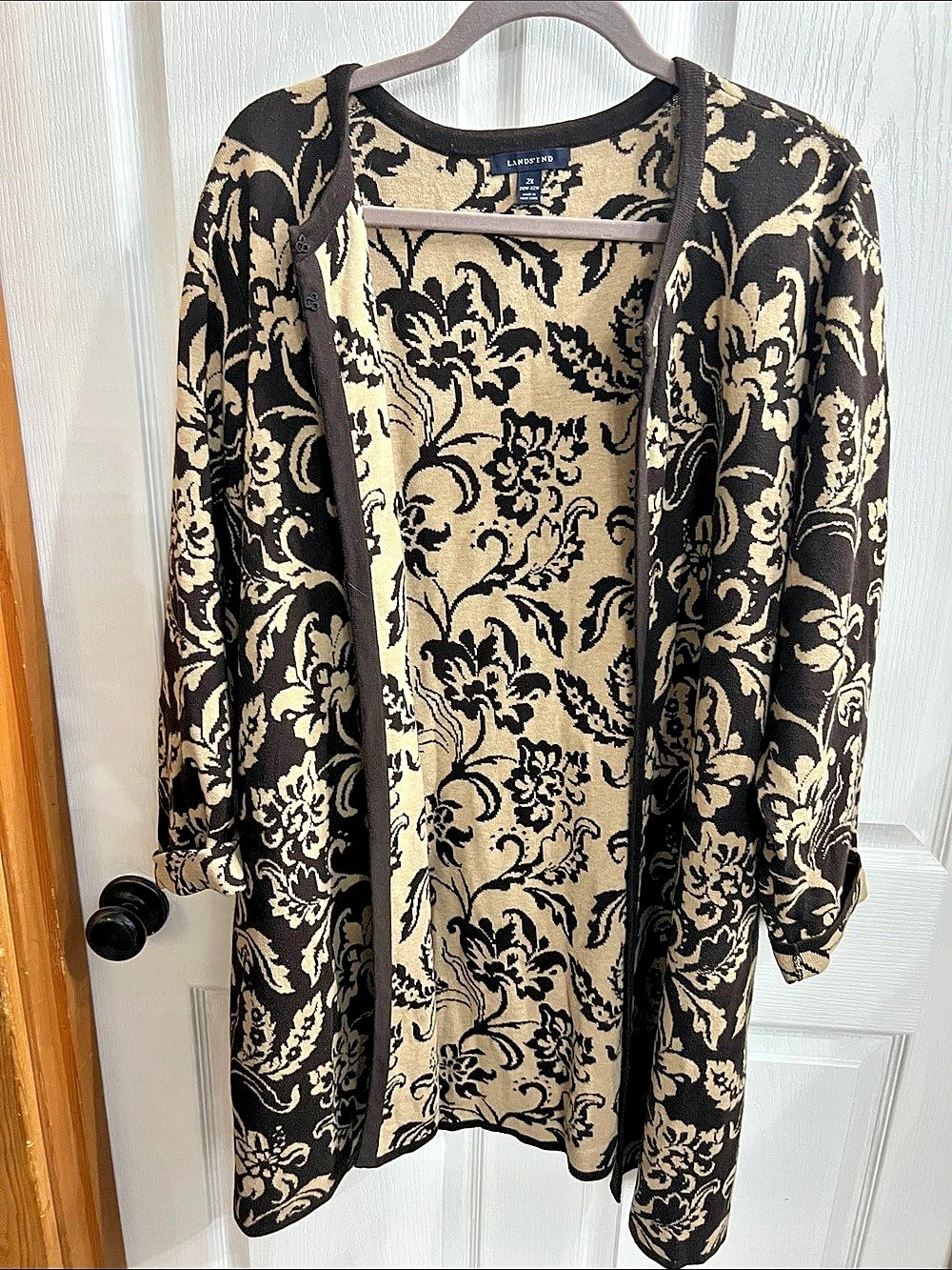 Lands' End Floral Open Front Cardigan in Black & Cream Size 2X Like New